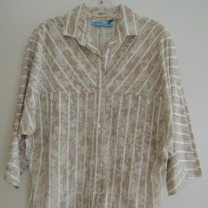 Ladies Shirt Size 12 White Batik Print on Khaki Tan - 3/4 Sleeve $65 Value NWOT